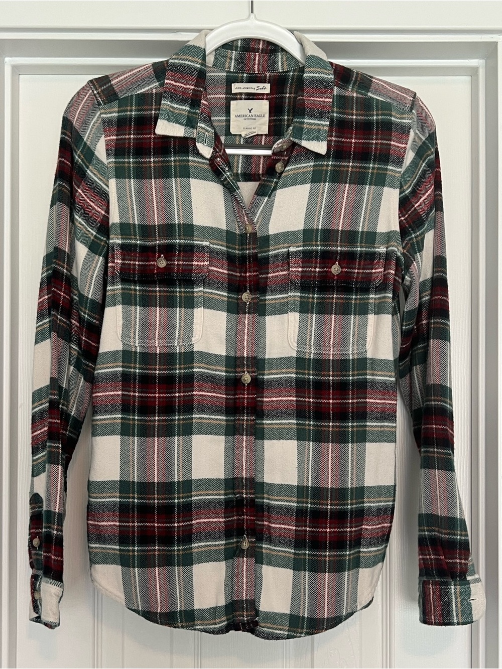 American Eagle Outfitters Green & Burgundy Plaid Flannel Shirt